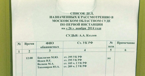 Список дел назначенных к рассмотрению в Московском областном суде. Москва, 26 ноября 2014 г. Фото корреспондента "Кавказского узла"