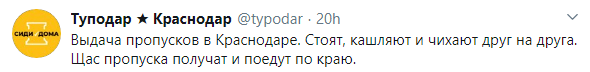 Скриншот публикации об очередях за спецпропусками на Кубани, https://twitter.com/typodar/status/1246088265683386368?ref_src=twsrc%5Etfw%7Ctwcamp%5Etweetembed%7Ctwterm%5E1246088265683386368%7Ctwgr%5E&ref_url=https%3A%2F%2Fwww.yuga.ru%2Fnews%2F449700%2F