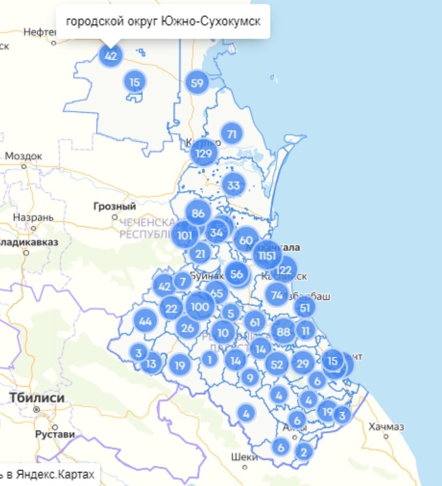 Скриншот карты распространения коронавируса в Дагестане по состоянию на 14 мая 2020 года, https://mydagestan.e-dag.ru