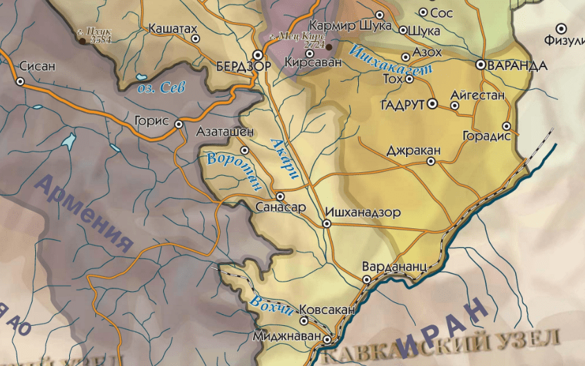 Бердзор (азербайджанское название - Лачин), Санасар (Губадлы) и Ковсакан (Зангилан) на карте Нагорного Карабаха и его "зоны безопасности". https://www-kavkaz--uzel-eu.ceno.life/articles/354792/