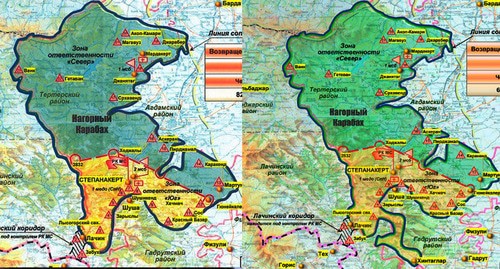Обстановка в районе проведения миротворческой операции по состоянию на 14 декабря (слева) и 13 декабря 2020 г. Нагорный Карабах. Коллаж "Кавказского узла", http://mil.ru/russian_peacekeeping_forces/infograf/.htm